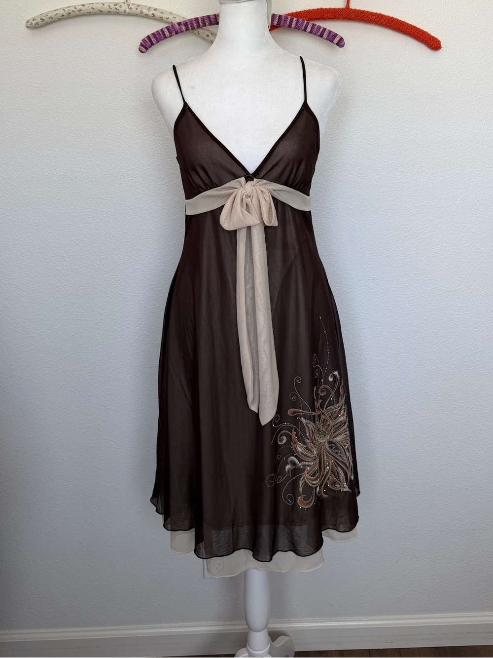 Y2K Ellen & Eric Chocolate Brown Mesh Overlay Empire Waist Midi Dress Size Large